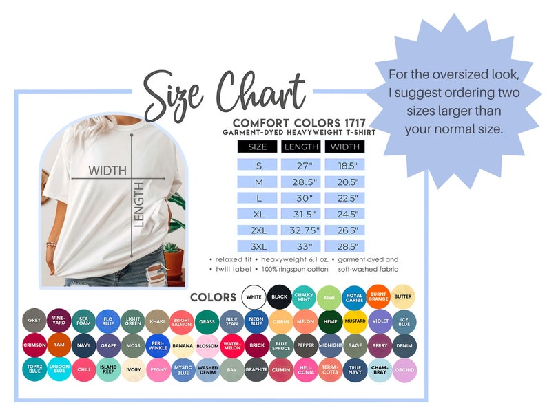 K&ouml;nnte beinhalten: Gr&ouml;&szlig;entabelle f&uuml;r ein garment-gef&auml;rbtes, schweres T-Shirt mit Ma&szlig;en in Zoll. Die Tabelle zeigt die L&auml;nge und Breite des Shirts in den Gr&ouml;&szlig;en S bis 3XL. Die Tabelle enth&auml;lt auch eine Farbtabelle mit verschiedenen Farben f&uuml;r das T-Shirt.