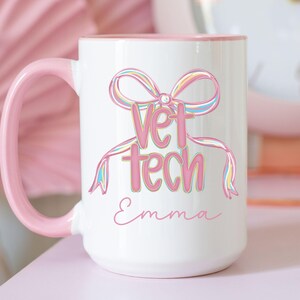 Personalized Vet Tech Mug, Preppy Custom Coquette Bow Vet Tech Coffee Cup, Gift for Veterinarian Technician