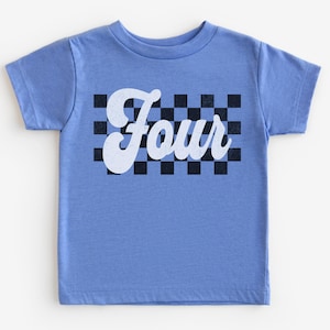 4th Birthday Checkers Shirt, Fourth Birthday Retro Checkered T-Shirt, Four 4 Year Old Birthday Gift, Race Car Birthday Party Tee