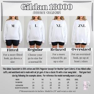 May include: A size chart for Gildan 18000 crewneck sweatshirts. The chart shows the different sizes available, from small to 3XL, and provides guidance on how to choose the right size for a fitted, regular, relaxed, or oversized fit. The chart also includes measurements for width, length, and sleeve length in inches.
