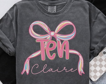 Chemise dix ans, coquette avec noeud pour fille, fête d'anniversaire à deux chiffres, cadeau d'anniversaire 10 ans, T-shirt 10e anniversaire, t-shirt preppy dixième anniversaire