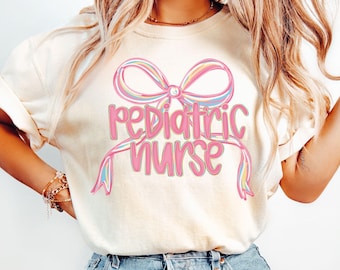 Pediatric Nurse Preppy Coquette Bow Shirt, Peds Nurse, PICU Crew Shirts, Nurse Appreciation Gift, Pediatric Graduation Shirt