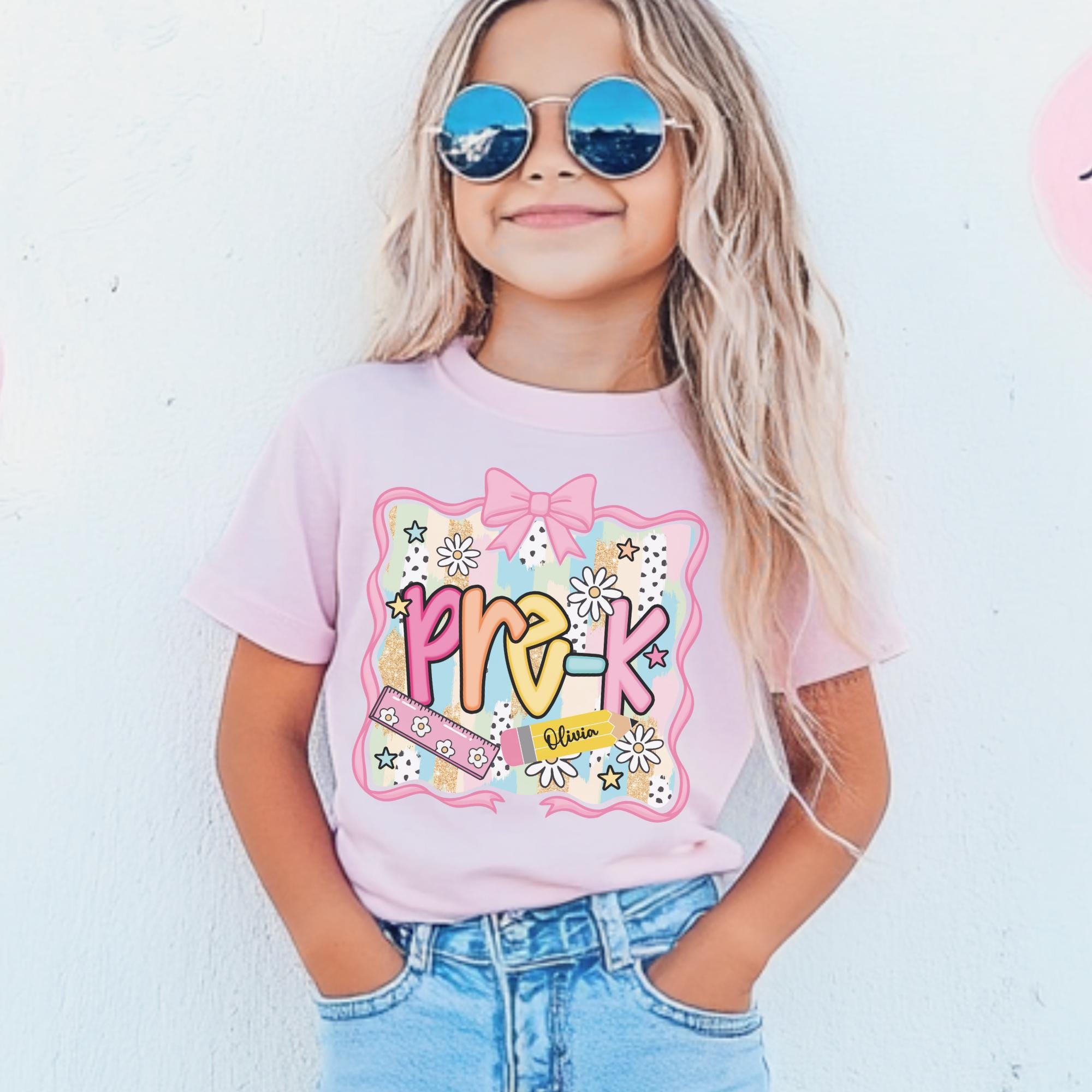 Preppy Pre-K Shirt Back To School Shirt, Personalized Hello Pre-k Tee, Custom Girls 1st Day Of School T-Shirt, Pre-Kindergarten Teacher