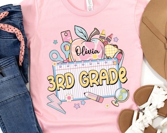 Third Grade Personalized Shirt, Custom 3rd Grade Girl First Day of School Tee, Back to School Elementary, Notebook Checkered Apple T-Shirt