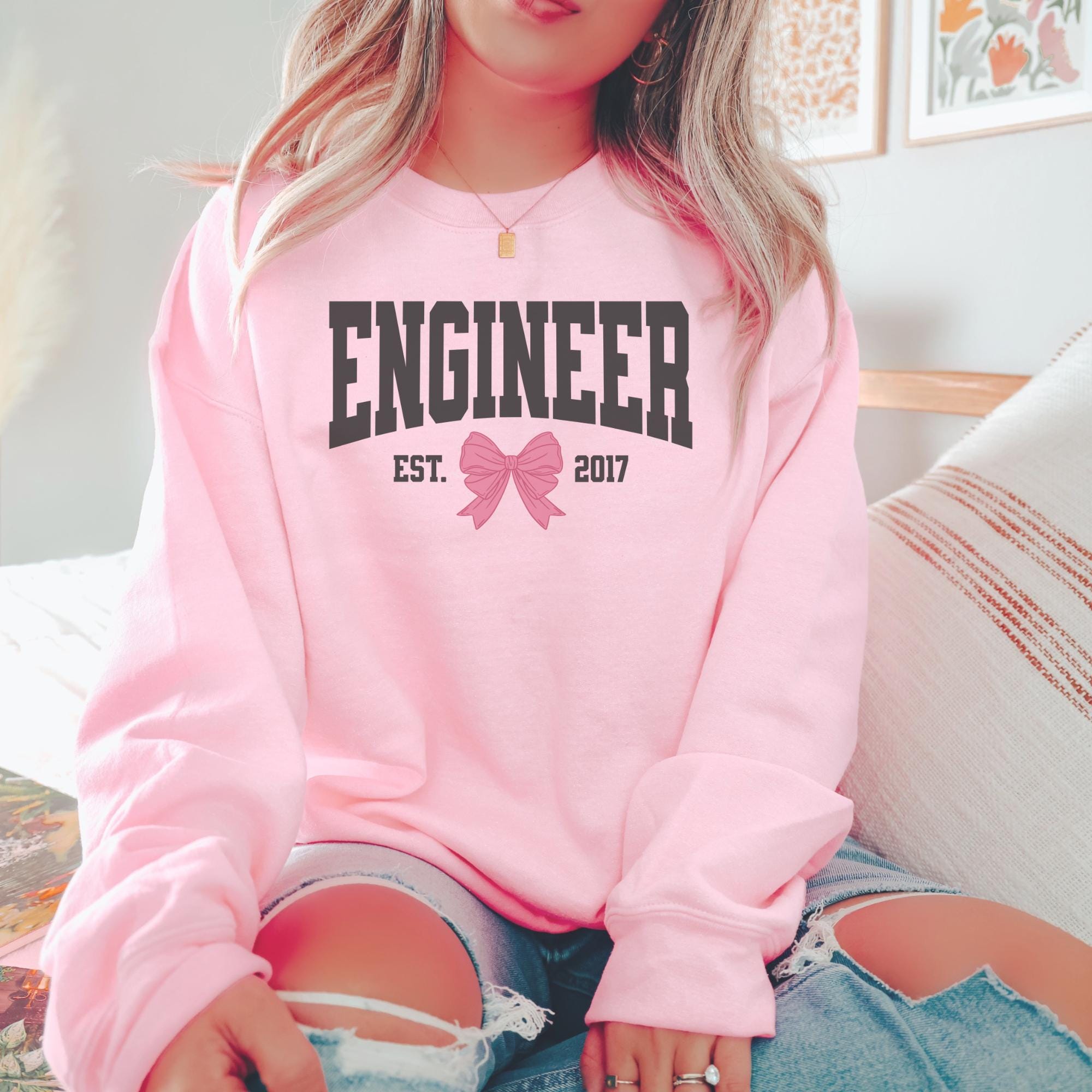 Pink Engineer Personalized Engineer Coquette Bow Sweatshirt, Est. Date Engineering ...