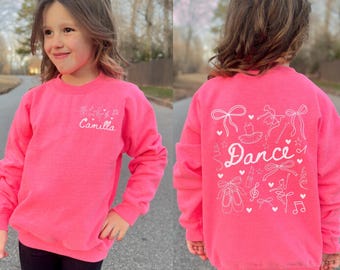 Personalized Dance Hand Drawn Doodle Coquette Bow Sweatshirt, Custom Gift for Dancer, Dance Instructor, Dance Team Competition