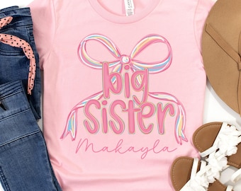 Personalized Big Sister Shirt, Big Sis Coquette Bow Shirt, Custom Name Sister T-Shirts, Pregnancy Reveal Tee, Matching Sibling, Baby Reveal