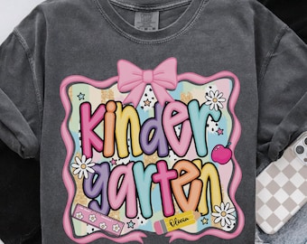 Preppy Kindergarten Shirt Back To School Shirt, Personalized Hello Kinder Tee, Custom Girls 1st Day Of School T-Shirt, Kindergarten Teacher