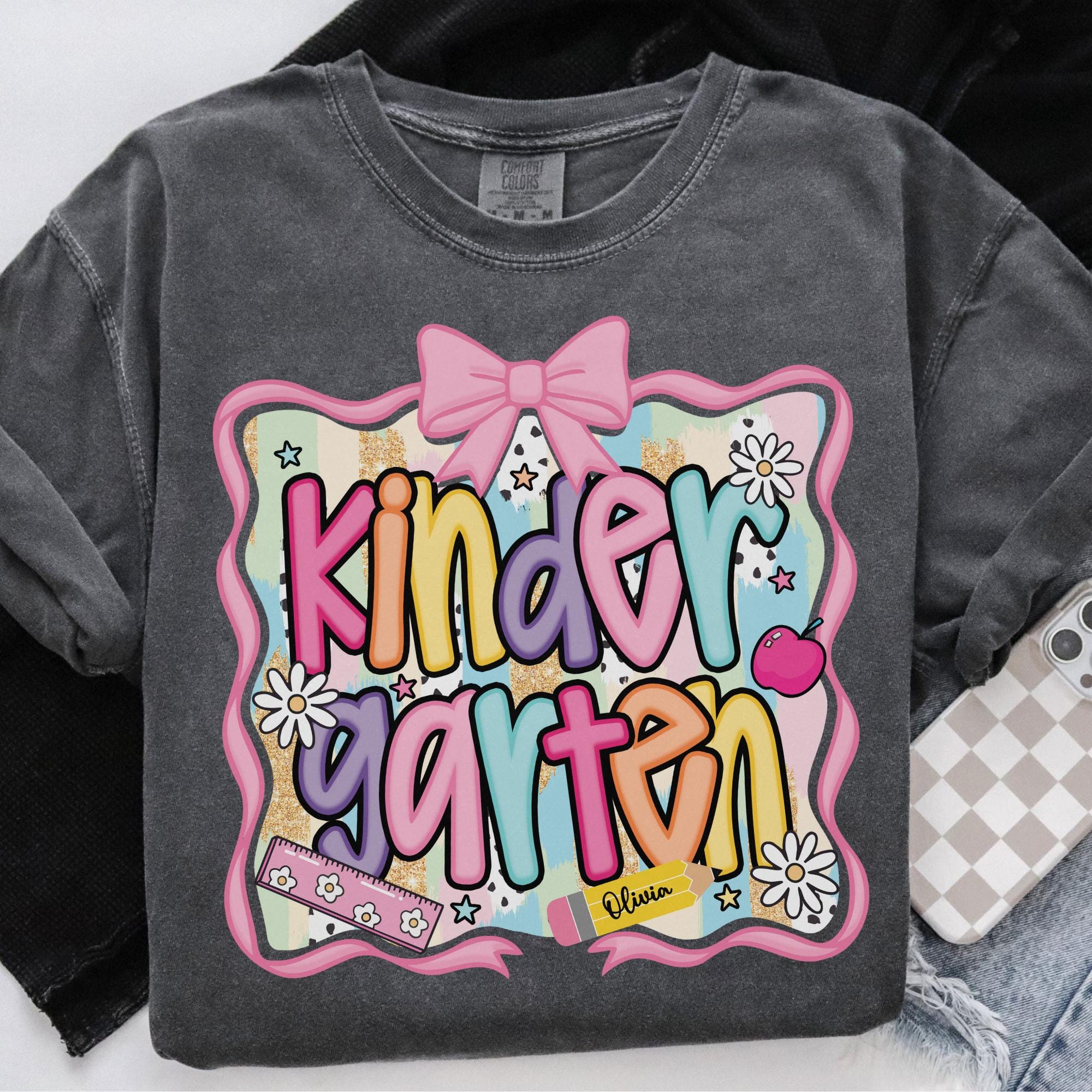Preppy Kindergarten Shirt Back To School Shirt, Personalized Hello Kinder Tee, Custom Girls 1st Day Of School T-Shirt, Kindergarten Teacher