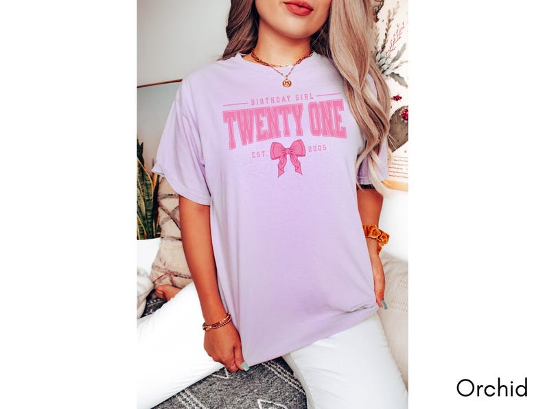 Pink Bow 21st Birthday Shirt, Coquette Girls Birthday Party Tee, 21 Year Old Birthday Gift, Year Est., Twenty First B-Day Established 2005 Orchid