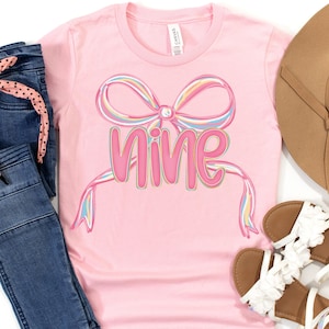 Preppy 9th Birthday Brush Stroke Coquette Bow Shirt, 9 Year Old Birthday Gift, Ninth Birthday Party T-Shirt