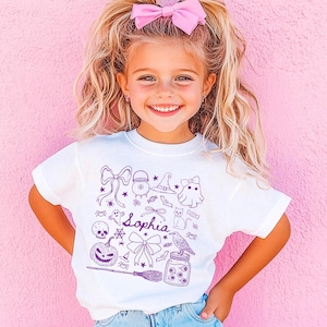 Personalized Girls Ghost Name Shirt, Custom Trendy Hand Drawn Line Doodle Style Girls Halloween Toddler Tee, Kids Cute Coquette Bow Ghost