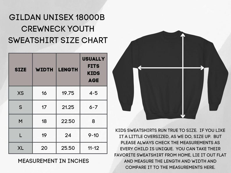 May include: Black youth crewneck sweatshirt with size chart. The chart shows measurements in inches for sizes XS to XL. The text advises to check measurements and size up for an oversized fit. The sweatshirt is from Gildan.