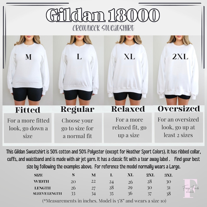 May include: White Gildan 18000 crewneck sweatshirt with size options M, L, XL, and 2XL. The image provides a size chart with measurements in inches for width, length, and sleeve length. The sweatshirt is 50% cotton and 50% polyester.