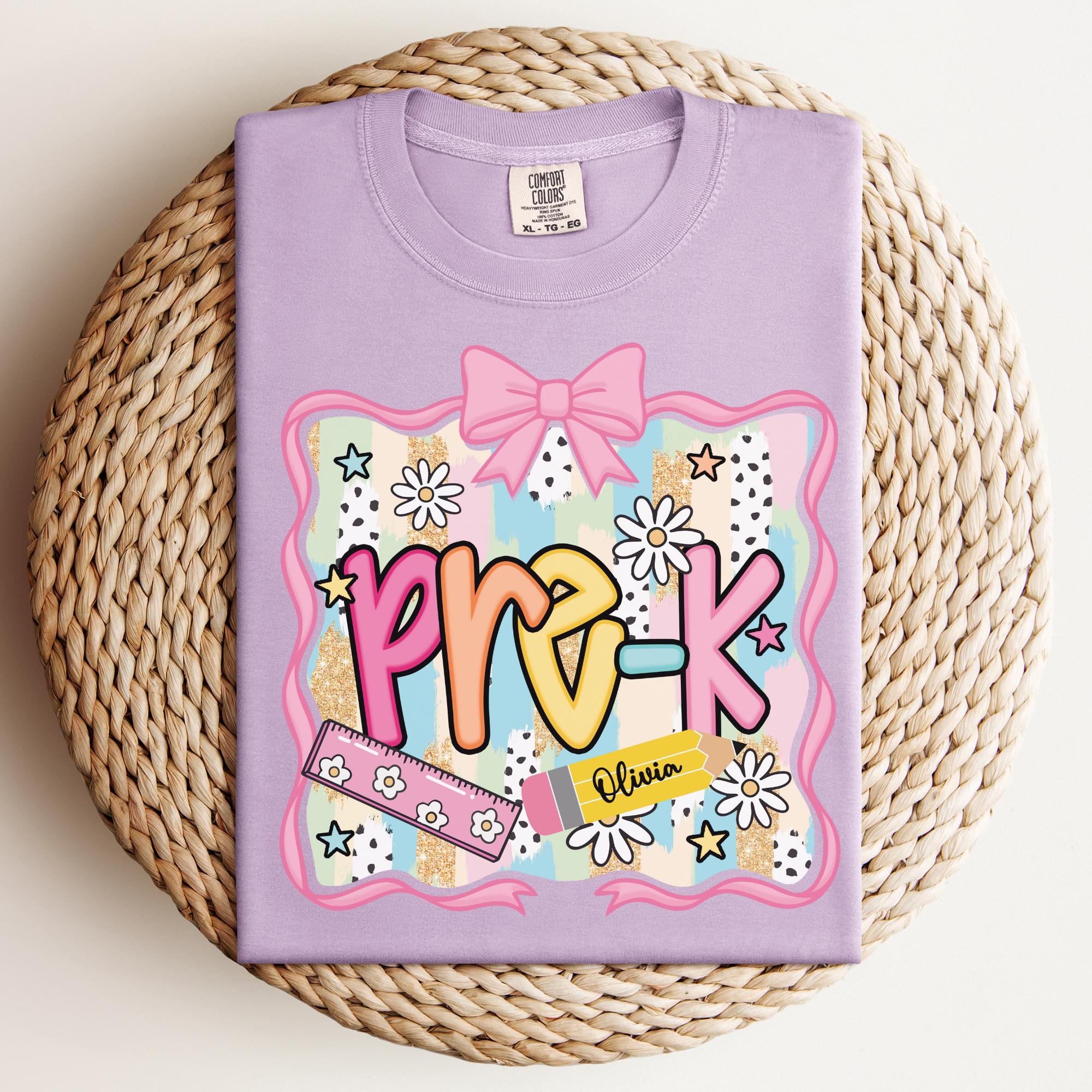 Preppy Pre-K Shirt Back To School Shirt, Personalized Hello Pre-k Tee, Custom Girls 1st Day Of School T-Shirt, Pre-Kindergarten Teacher