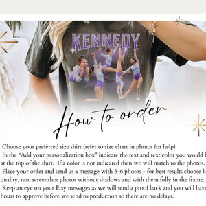 May include: A black t-shirt with a purple and white graphic of a group of girls doing gymnastics. The text "KENNEDY" is printed in purple on the shirt. The image includes instructions on how to order a personalized shirt.