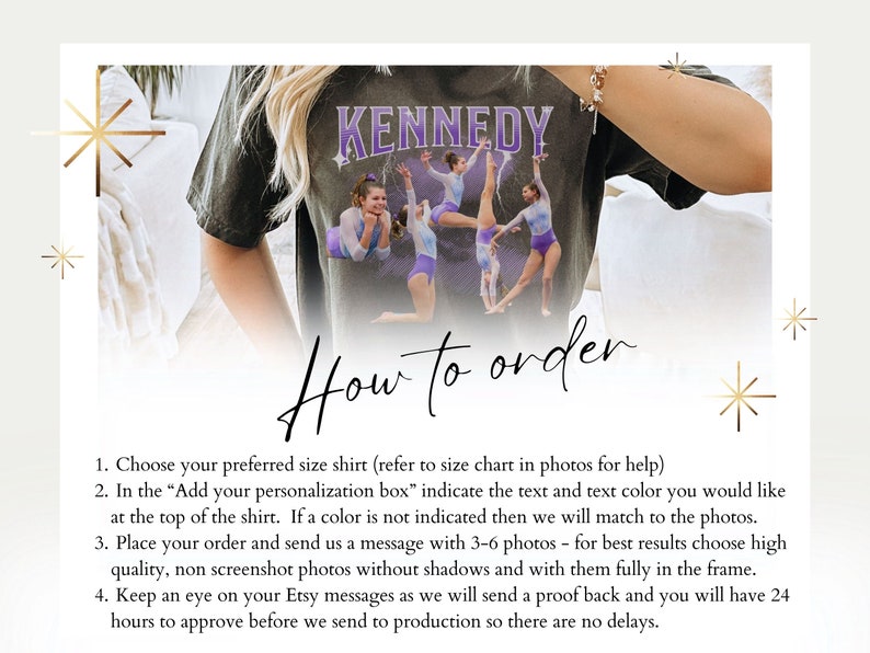 May include: A black t-shirt with a purple and white graphic of a group of girls doing gymnastics. The text "KENNEDY" is printed in purple on the shirt. The image includes instructions on how to order a personalized shirt.