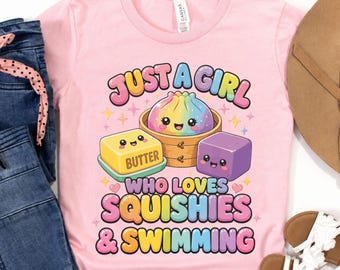 Just a Girl Who Loves Squishies and Swimming Shirt, Squishy Swimmer T-Shirt, Glitter Dumpling SwimTee