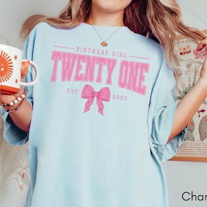 Pink Bow 21st Birthday Shirt, Coquette Girls Birthday Party Tee, 21 Year Old Birthday Gift, Year Est., Twenty First B-Day Established 2005 Chambray