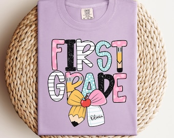 Custom 1st Grade Kids Notebook Bow Shirt, Personalized First Grade Preppy Girls Coquette First Day of School Tee, Back to School Elementary