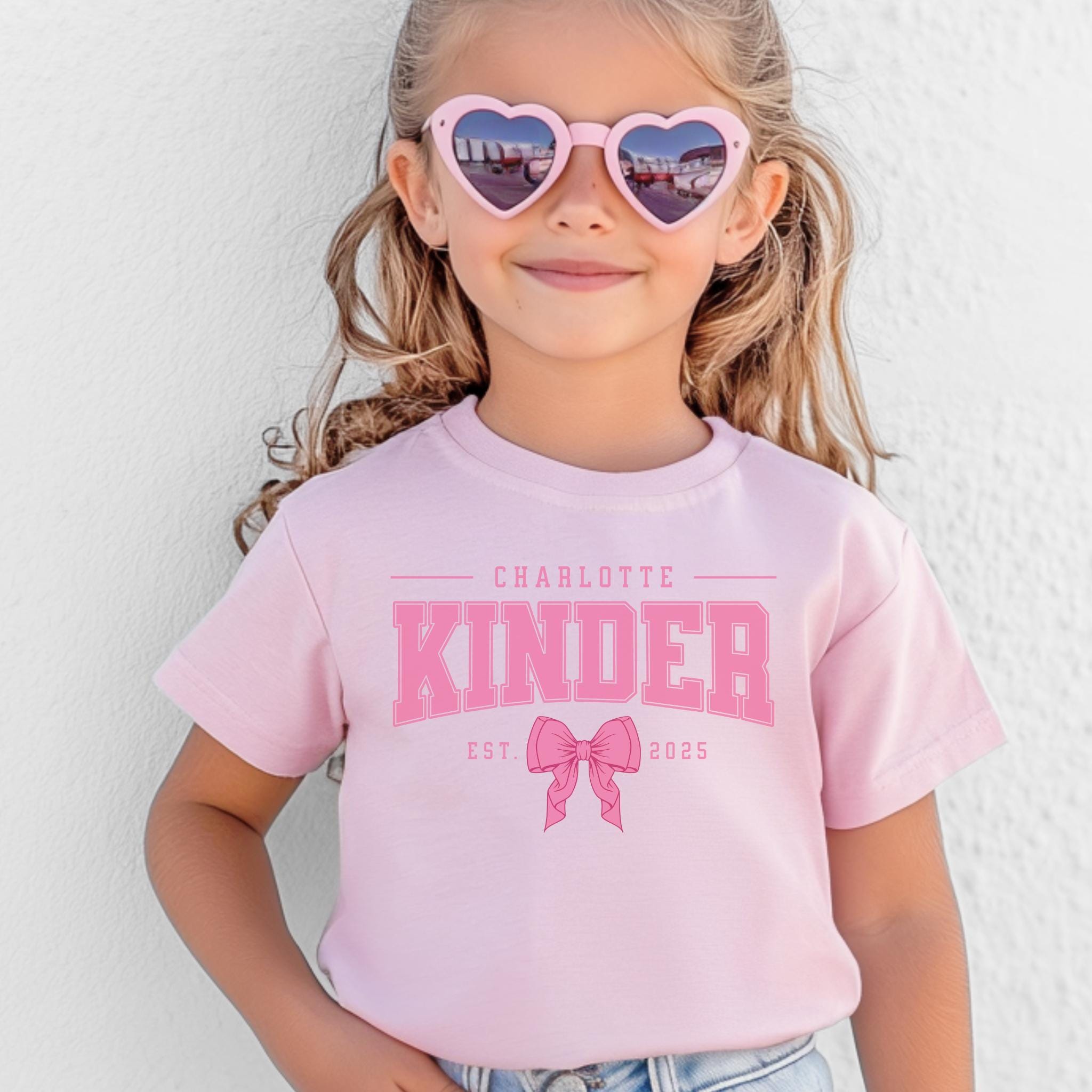 Coquette Pink Bow Kindergarten Shirt, Personalized Name Kinder Tee, Custom Back to School Girls Shirt