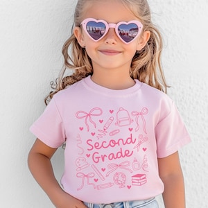 Second Grade Trendy Hand Drawn Style Coquette Bow Shirt, Custom Back to School 2nd Grade Girls Shirt, First Day of School Doodle Line Art