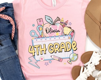 Fourth Grade Personalized Shirt, Custom 4th Grade Girl First Day of School Tee, Back to School Elementary, Notebook Checkered Apple T-Shirt