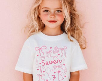 7th Birthday Coquette Bow Shirt, Trendy Hand Drawn Style Girls Birthday Party Tee, 7 Year Old Birthday Gift, Seventh Bday Tee