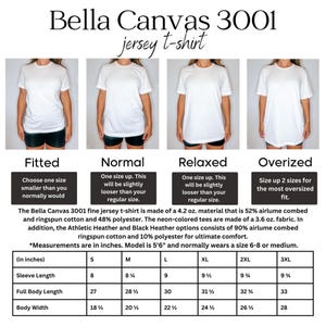 以下が含まれることがあります： フィット、ノーマル、リラックス、オーバーサイズの白いBella Canvas 3001ジャージーTシャツ。画像には、袖丈、着丈、身幅のインチ単位のサイズチャートが含まれており、Sから3XLまであります。