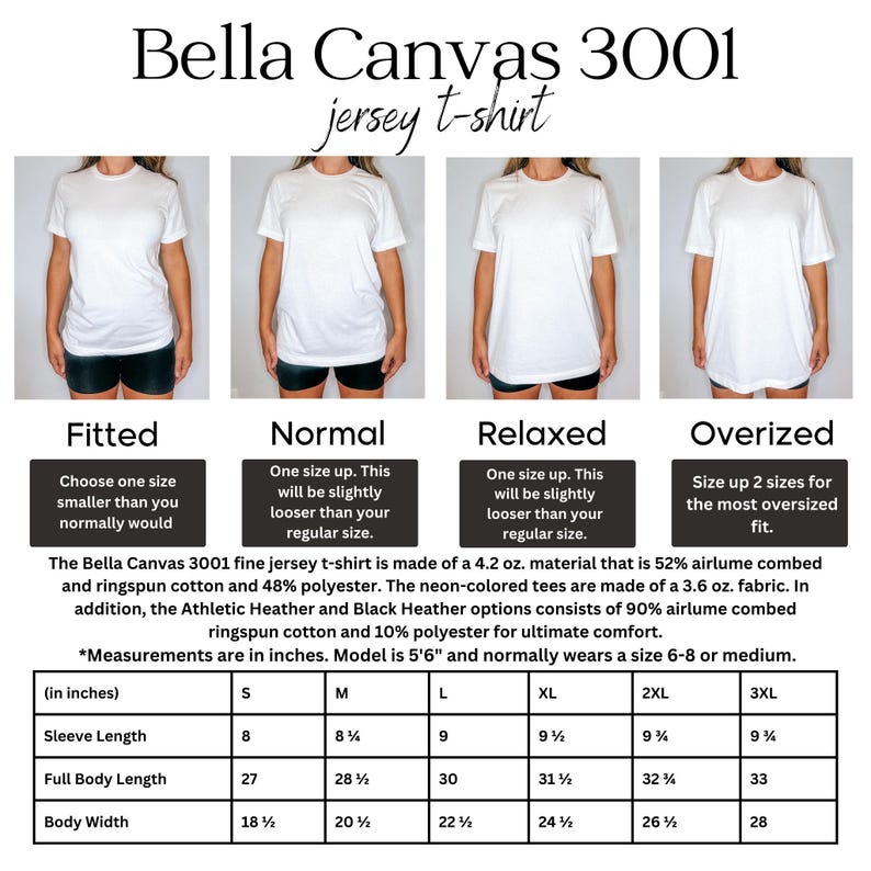 以下が含まれることがあります： フィット、ノーマル、リラックス、オーバーサイズの白いBella Canvas 3001ジャージーTシャツ。画像には、袖丈、着丈、身幅のインチ単位のサイズチャートが含まれており、Sから3XLまであります。