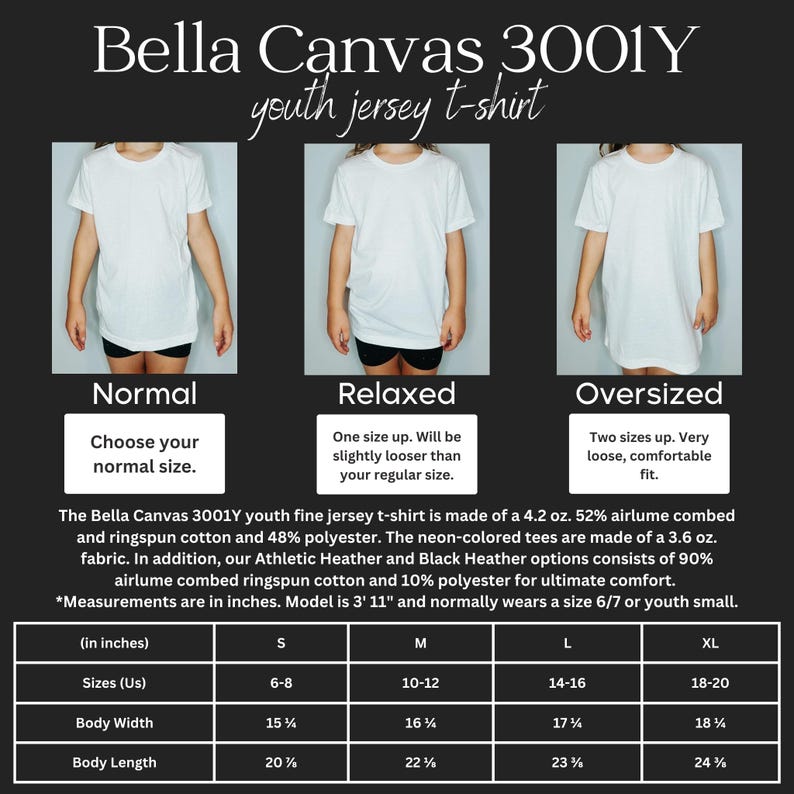 以下が含まれることがあります： Bella Canvas 3001Y ユースジャージーTシャツの画像。通常、リラックス、オーバーサイズのフィット感を示しています。インチ単位のサイズ表と日本のサイズが含まれています。Tシャツは綿とポリエステル製です。