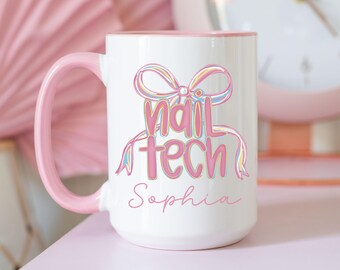 Nail Tech Mug, Custom Nail Technician Coquette Bow Coffee Cup, Cosmetology Graduation Gift, Personalized Nail Artist Cup