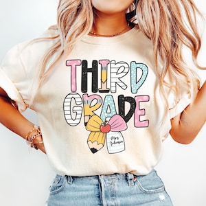 Custom 3rd Grade Teacher Notebook Bow Shirt, Personalized Third Grade Preppy Coquette First Day of School Tee, Back to School Elementary