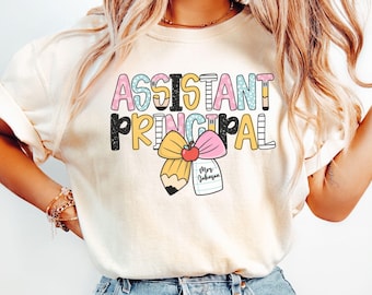 Custom Assistant Principal T Shirt, Custom Gift for Asst. Principal, Teacher Appreciation Shirt, Back To School Coquette Pencil Bow Shirts