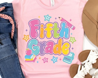 Fifth Grade Personalized Shirt, Custom 5th Grade Girl First Day of School Tee, Back to School Elementary, Colorful Pencil Stars Apple