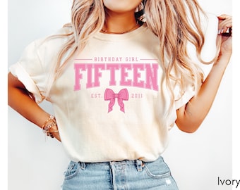 Pink Bow 15. Geburtstag Shirt, Kokette Mädchen Geburtstagsparty T-Shirt, 15 Jahre altes Geburtstagsgeschenk, Jahr Est., Fünfzehnter B-Tag Gegründet 2011