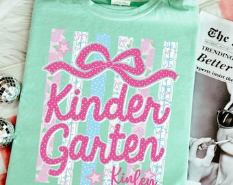 Kindergarten Girl Shirt, Personalized Back to School Tee, Coquette Bow Kinder Shirt, Custom Name Kids School, First Day of Kindergarten