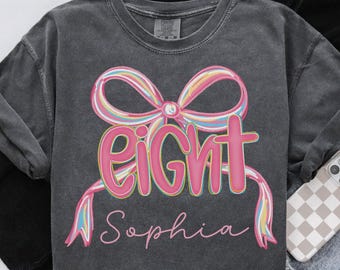 Camiseta personalizada para aniversário de oito anos, festa de aniversário com laço coquete personalizado para meninas, presente de aniversário de 8 anos, 8º aniversário, camiseta preppy para oitavo aniversário