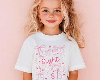 Camiseta Coquette com Laço para Aniversário de 8 Anos, Estilo Moderno com Desenho à Mão para Festa de Aniversário de Meninas, Presente para Menina de 8 Anos