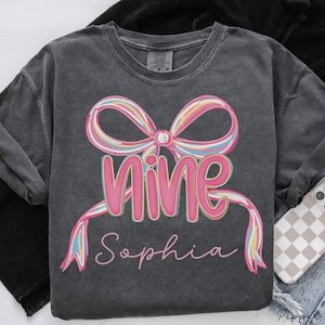 Personalized Nine Birthday Shirt, Custom Girls Coquette Bow Birthday Party, 9 Year Old Birthday Gift, 9th B-Day, Ninth Bday Preppy Tee