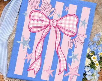 Birthday Girl Stripes Bow Shirt, Coquette Striped Girls Birthday Party Tee, Fun Pink Bright Stripes Trendy Bday T-Shirt
