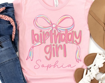 Personalized Birthday Girl Preppy Girls Shirt, Coquette Bow Bday Party Tee, Gift for Birthday Girl, Preppy Birthday Girlie Party T-Shirt