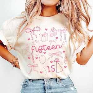 15th Birthday Coquette Bow Shirt, Trendy Hand Drawn Style Girls Birthday Party Tee, 15 Year Old Birthday Gift, 15th B-Day Teenager
