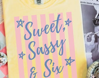 Stripes Sweet Sassy And 6 Birthday Shirt, Striped Sixth Birthday Party Tee, Fun Summer Bright Retro Gift for 6 Year Old
