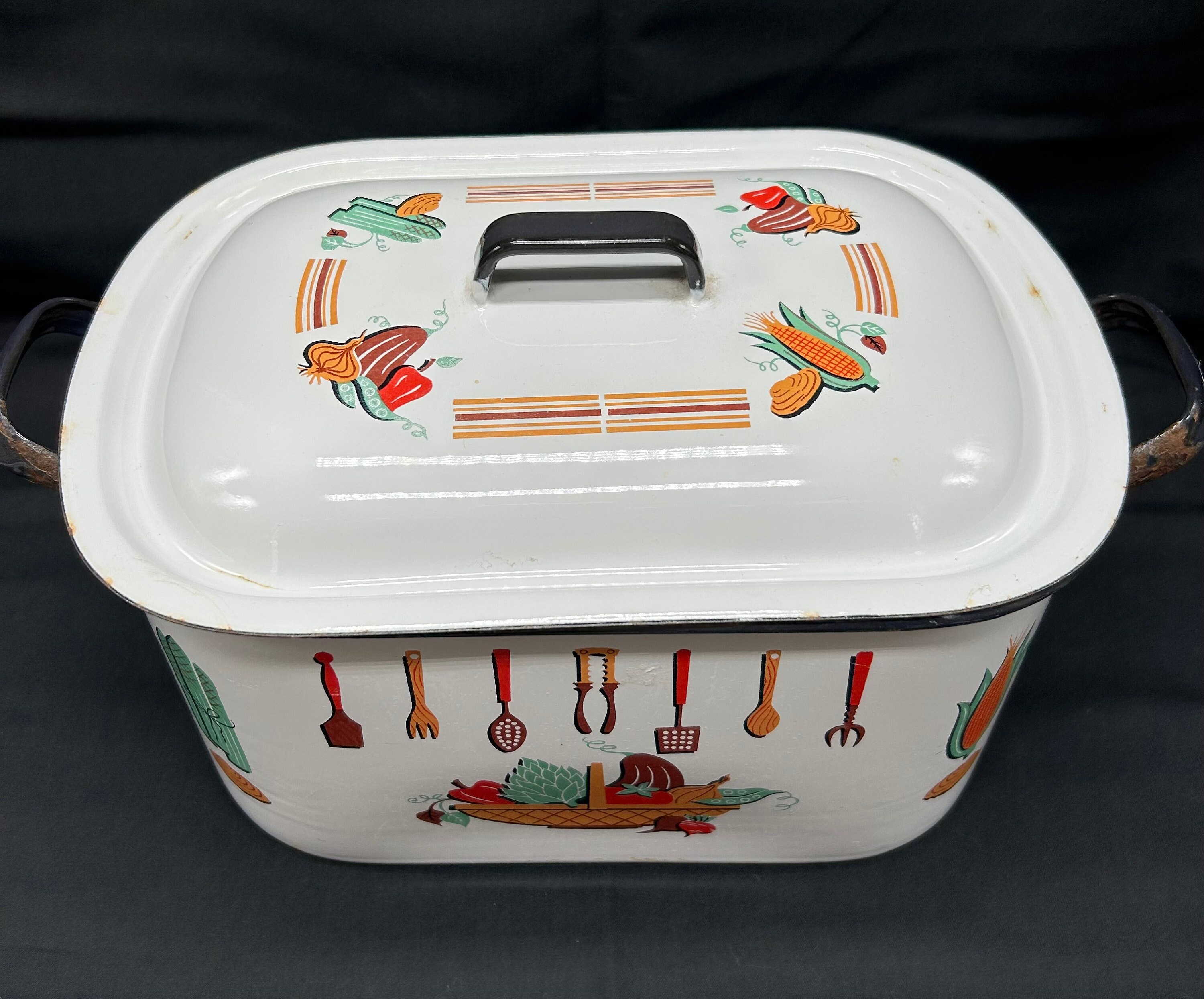 Vintage Enamelware Roasting Pan With Lid and Rack in Vegetable Pattern ...
