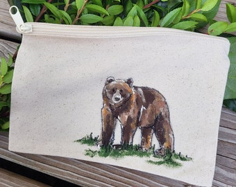 Hand Painted Bear on Canvas Zipper Pouch