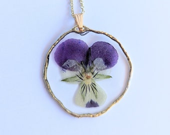 Real Pressed Pansy Necklace | Purple Dried Flower Pendant | Handmade in Gold or Silver