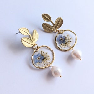 Real Pressed Flower Earrings with Pearls | Dried Forget Me Not Gift | Gold Leaf Posts