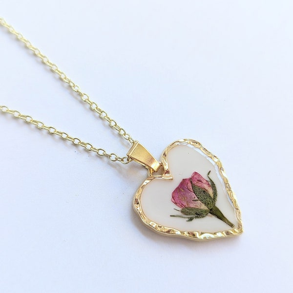 Real Pressed Rose Necklace | Personalized Gold Heart Initial Necklace | Pink Rose Flower Pendant  | Romantic & Dainty
