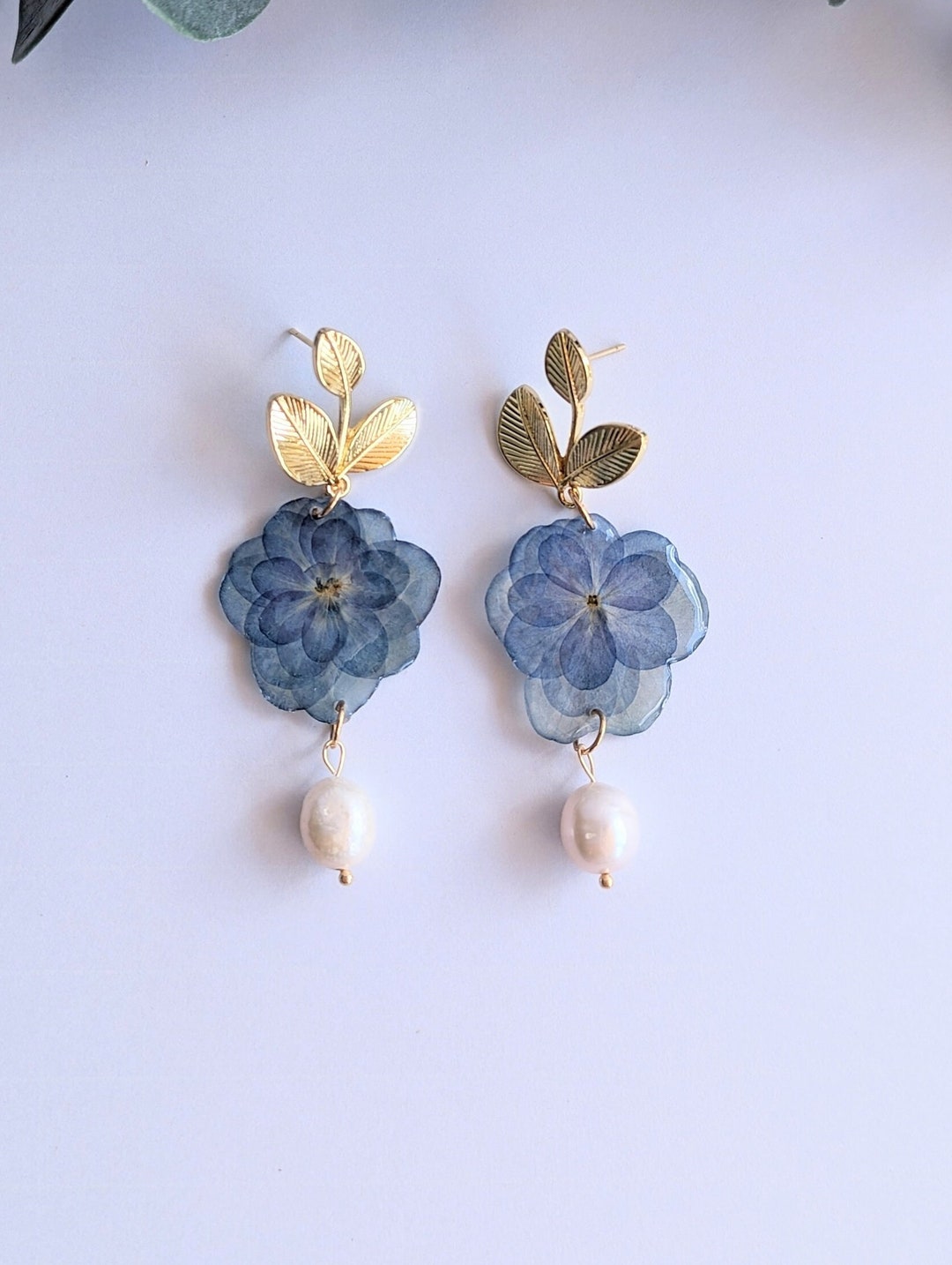 Real Pressed Hydrangea Earrings With Pearls Blue Hydrangea Dried Flower ...